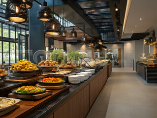 Exquisite Buffet Restaurant Interior: Modern Dining with Colorful and Delicious Food Presentation in a Stylish Setting