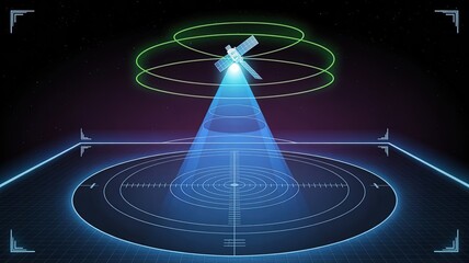 Cosmic Surveillance: An artistic representation of a satellite beaming down data and signal with glowing outlines, suggesting advanced technology and global connectivity.