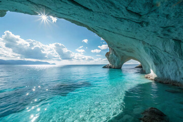 Turquoise blue ocean, sea cave water reflection. Blue cave lagoon,malta root cellar cave rock arch beautiful tourism view. Blue Caves of Zakynthos, Greece. Islas griegas, Blue Grotto, blue lagoon  
