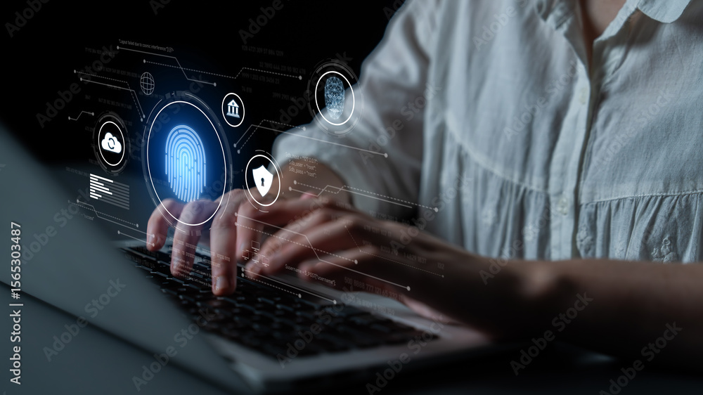 Poster biometric identity system using fingerprint and facial recognition to secure cloud access, protect s