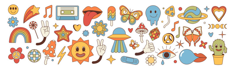 Music stickers. Psychedelic 70s disco flowers, retro ufo and smiley funky mushroom. 1970s vibe, groovy style. Love heart and eye. Vector cartoon flat style isolated vector design set