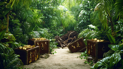 Sunlit jungle path, treasure chests scattered on sandy ground.  Sunlight filters through lush foliage, revealing ancient wooden chests filled with gold coins.  A shipwreck rests amidst the vegetation