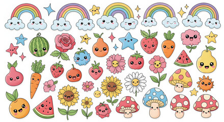 Fototapeta premium Kawaii Fruits, Flowers & Rainbow Stickers