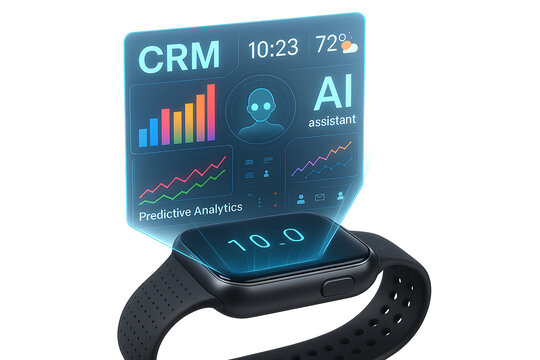 Smartwatch displays futuristic holographic interface with crm data and ai assistant - Powered by Adobe
