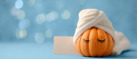  pumpkin enjoying relaxation with a massage and hair treatment  before Thanksgiving. flyer, banner, background beauty salon, spa salon, relaxation, cosmetology for Halloween. gift card