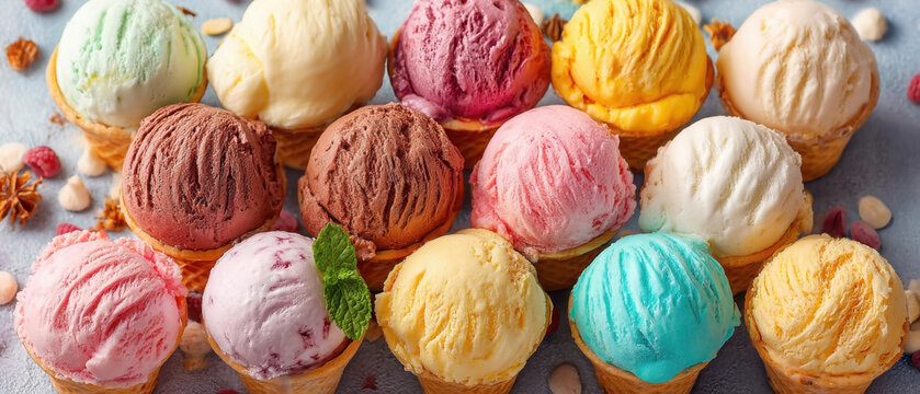 Colorful assortment of ice cream scoops in various flavors displayed on a light surface. food background banner flyer, copy space, dessert with ice cream