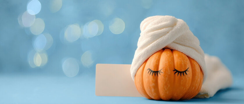  pumpkin enjoying relaxation with a massage and hair treatment  before Thanksgiving. flyer, banner, background beauty salon, spa salon, relaxation, cosmetology for Halloween. gift card - Powered by Adobe