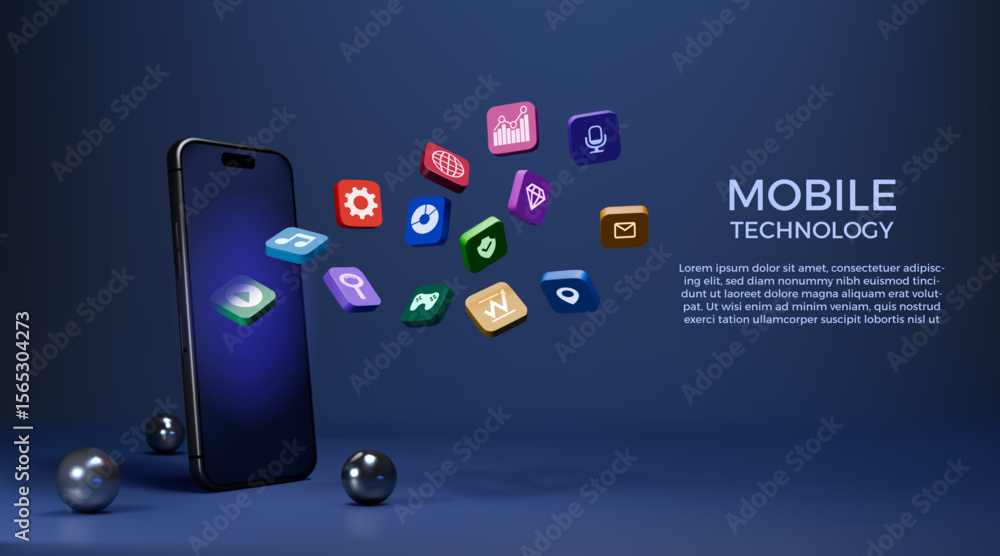 Poster 3d app icon. phone display with application buttons. social media infographic in multimedia smart te