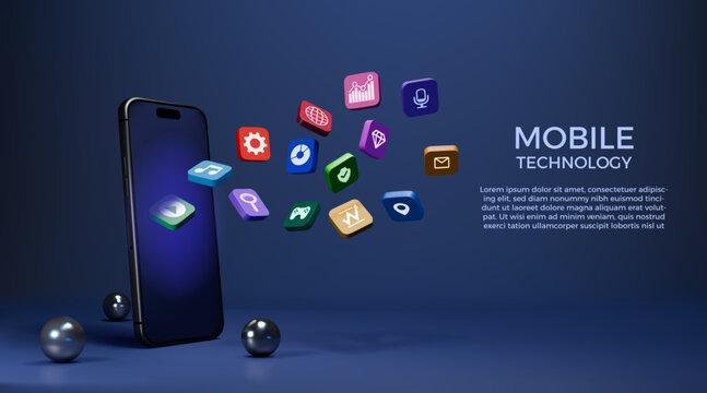 3D app icon. Phone display with application buttons. Social media infographic in multimedia smart technology. Cellphone screen menu symbols. Realistic metal spheres. Vector background