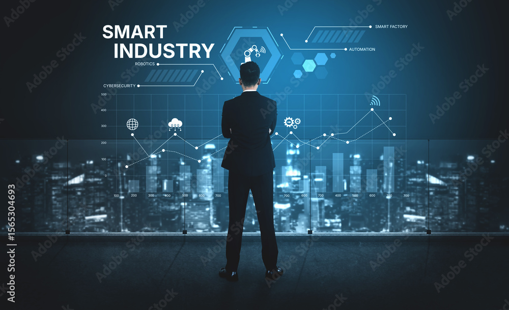Poster smart industry dashboard combining automation, robotics, cloud integration, cybersecurity, and data 