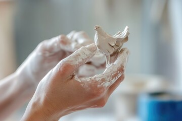 A potter's hands delicately shape a clay bird, showcasing the artistry and precision of the craft.