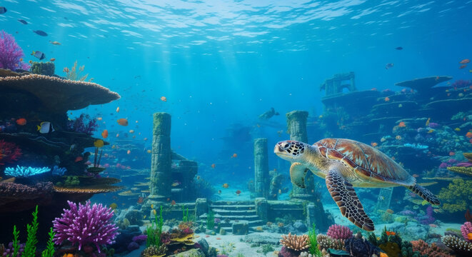 Underwater coral reef alive with colorful fish and glowing bioluminescent plants, shafts of sunlight piercing deep blue water, curious sea turtle swimming near ancient submerged ruins, vibrant marine 