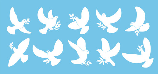 Dove silhouette. Peace bird mascot, abstract democracy, hope symbol. Pigeon of ukraine world solidarity, war free, funny urban drawing characters. Vector cartoon isolated illustration set