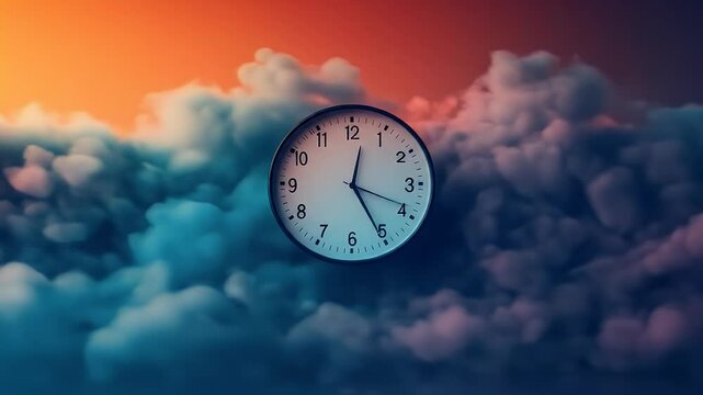 A wall clock suspended in vibrant, dreamy, gradient clouds at sunset