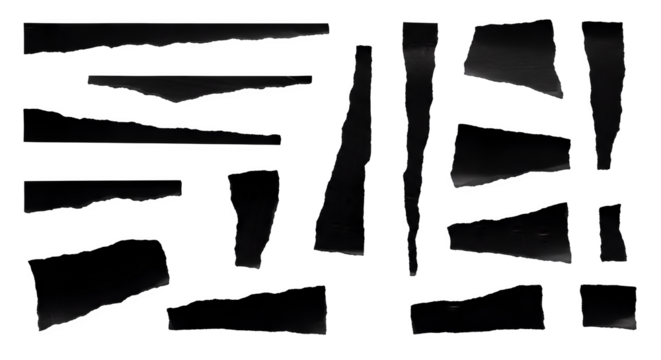 Collection of Torn Black Paper Pieces on a Dark Background, Graphic Resource isolated on transparent background