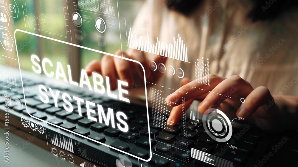 Poster professional hands typing on keyboard with digital interface displaying scalable systems concept for