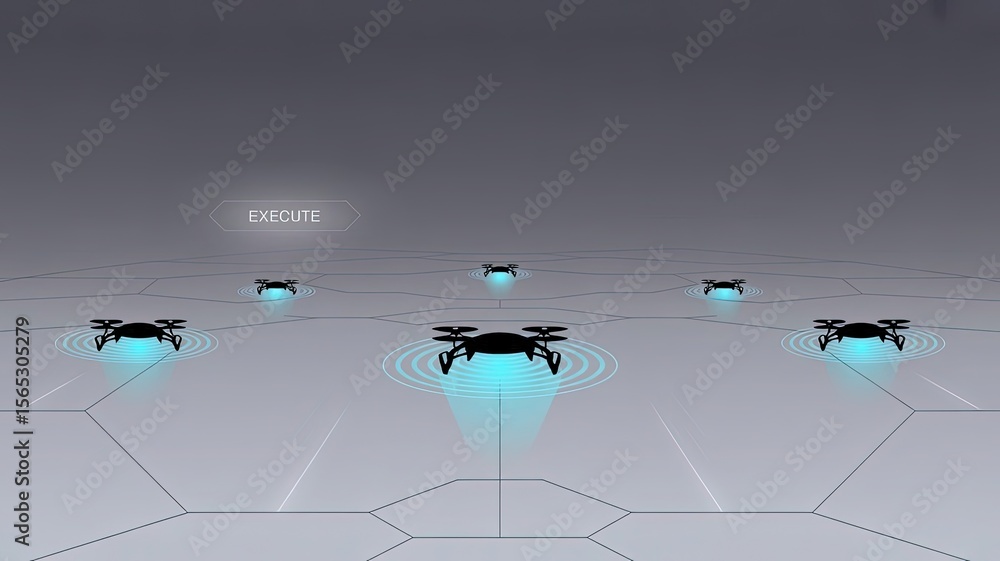 Poster drone swarm technology: a futuristic image showcasing a swarm of drones in a coordinated formation, 