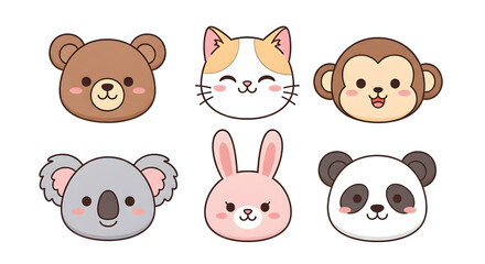 Fototapeta premium Adorable Kawaii Animal Faces: Bear, Cat, Monkey, Koala, Bunny, Panda