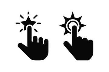Hand clicking star and sun icons; minimalist, flat design;  positive, bright, user interface, digital interaction, technology, website, app, selection, choice, rating, feedback, approval, success, ach
