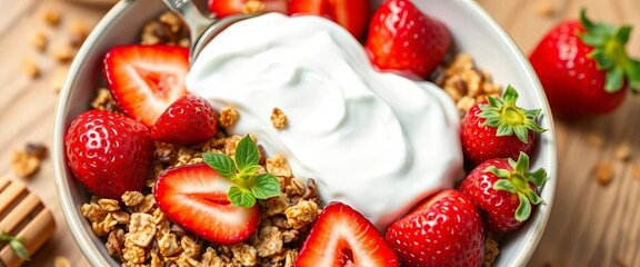 Fototapeta premium A bowl of granola, strawberries, Greek yogurt, and honey, colorful, crunchy