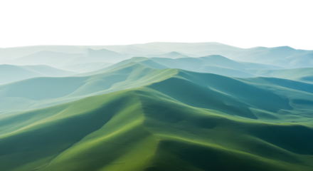 Rolling Green Hills and Mountains in a Serene Landscape, Aerial View isolated on transparent background