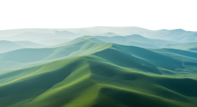 Rolling Green Hills and Mountains in a Serene Landscape, Aerial View isolated on transparent background