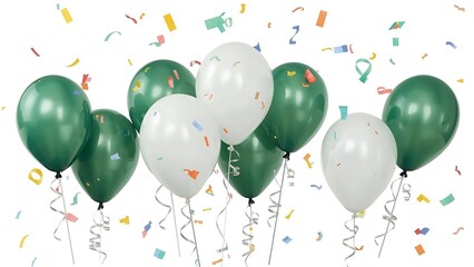 Green and White Helium Balloons with Ribbons and Confetti – Festive 14 August Celebration PNG