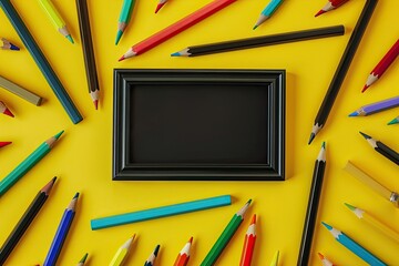 Pixel Perfect Image of Top View Frame Surrounded by Pencils with Mockup