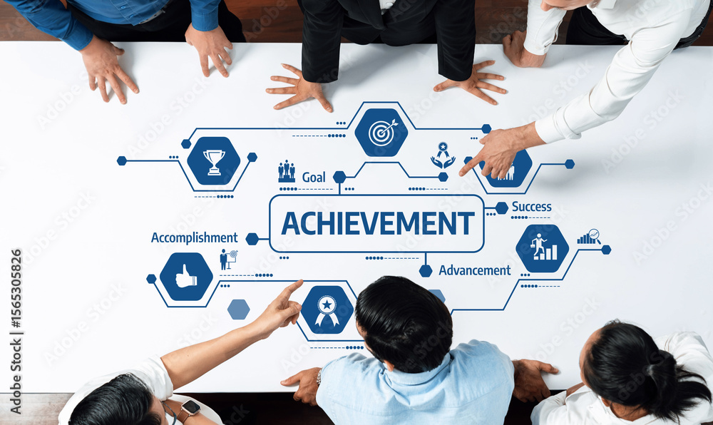 Aufkleber A top-down view of a diverse team discussing achievement strategies in a modern workspace, showcasing concepts such as goals, success, and teamwork through visual elements. Amity