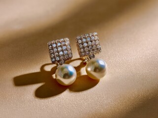 Pearl Earrings with Diamond Accents on Beige Fabric