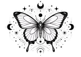 Butterfly illustration with celestial motifs in black and white