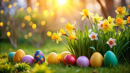 A vibrant springtime scene of colorful Easter eggs nestled amongst a profusion of cheerful daffodils bathed in the warm glow of the setting sun, symbolizing renewal and the joy of spring
