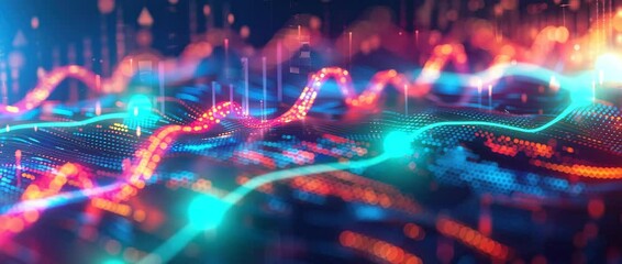 Abstract Financial Data Stream: Glowing Red and Blue Graph Lines on Dark Background - Powered by Adobe