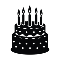 Simple black silhouette of a festive birthday cake adorned with lit candles perfect for celebration graphics
