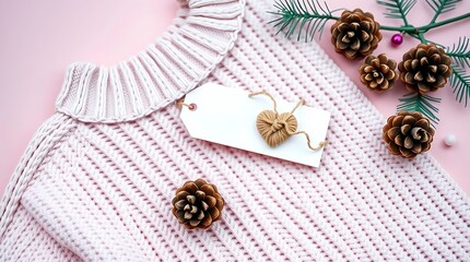 A soft pink sweater with a gift tag and a small heart decoration is displayed on a pink background with pine cones and branches