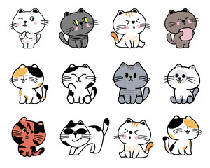 Hand drawn vector illustration character collection  cute cats. Doodle cartoon style.