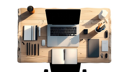 Overhead view of a wooden desk with laptop, notebooks, and accessories.