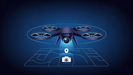 Aerial Observation Drone: A high-tech drone, poised in mid-air against a sleek blue backdrop, its camera ready to capture and map landscapes and data, embodying modern aerial technology