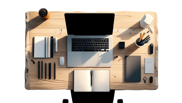 Overhead view of a wooden desk with laptop, notebooks, and accessories.