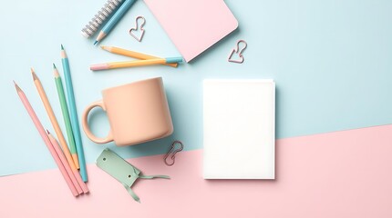 A pastelcolored workspace flatlay featuring a mug, pencils, notebooks, and paper clips on a pink and blue background