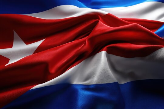 Cuban flag waving with vibrant colors and detailed texture in sunlight capturing national pride and identity