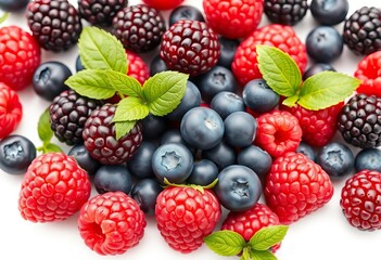 A vibrant mix of raspberries, blueberries, and blackberries, isolated on a pure white background with crisp detail and full depth of field,  macro,  botanical