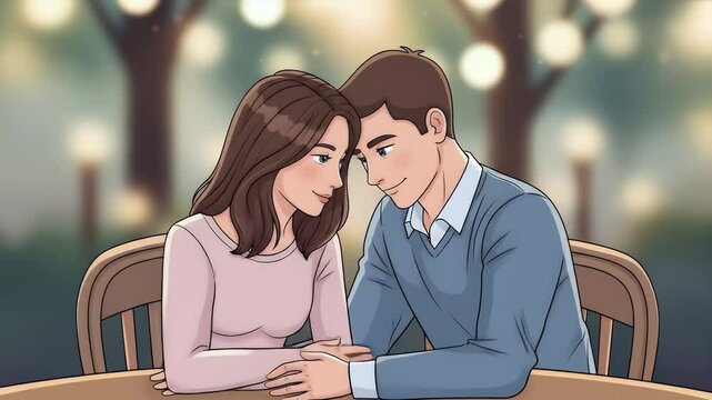 Romantic cartoon couple sharing a close moment at cafe