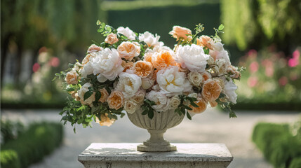 Elegant English garden bouquets in vintage vases, adorned with peonies, tulips and roses and other flowers, displayed in manor garden with dappled light and timeless floral grace