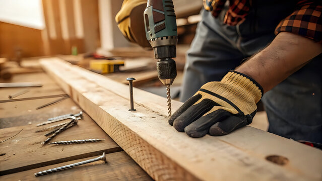 Portrait of skilled carpenter drilling into wood with a cordless drill, workshop background - craftsmanship and construction concept