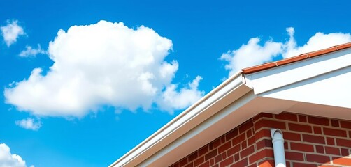 Clean white PVC gutters installed on a red brick house against a vibrant blue sky with fluffy clouds,   building materials,  rainwater