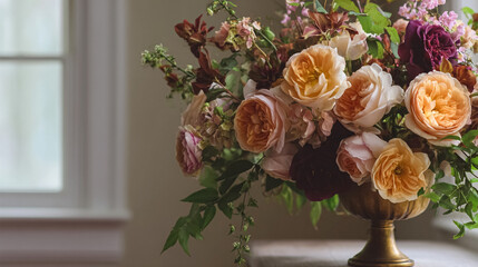 Elegant English garden bouquets in vintage vases, adorned with peonies, tulips and roses and other flowers, displayed in manor garden with dappled light and timeless floral grace