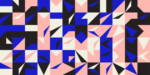 Bold geometric pattern with sharp angular shapes in pink, blue, and black