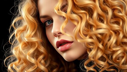 Fototapeta premium Close-up, curly blond hair, vogue style, black background, studio, high fashion