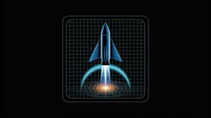 Spacecraft Launch Simulation: A sleek spacecraft is shown launching from a digital grid, surrounded by an intense blue and orange glow, suggesting cutting-edge technology and interstellar travel.